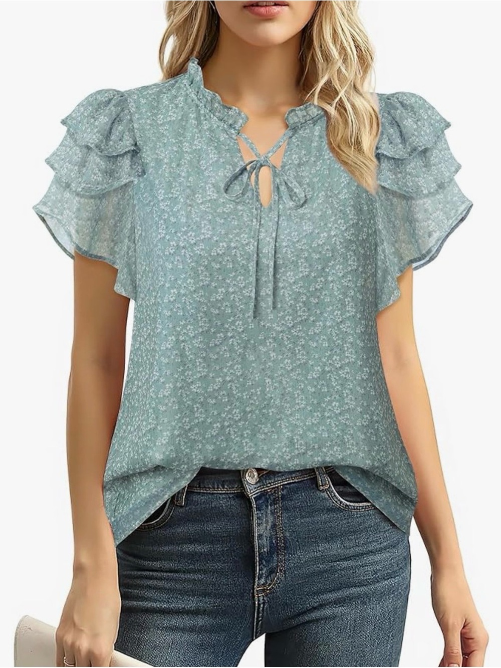 Sage Floral Ruffle Tie-Neck Blouse
